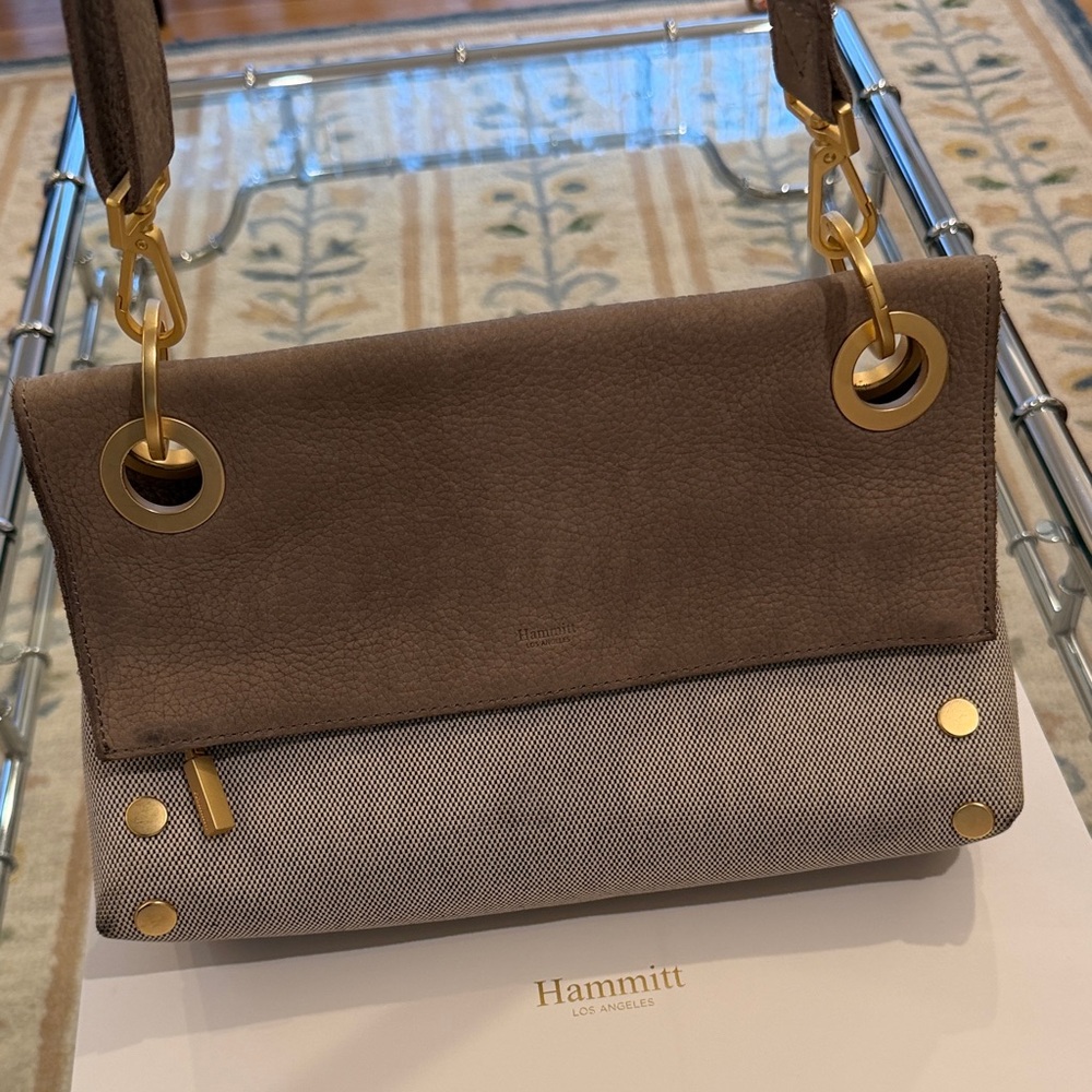 Hammitt Taupe Leather & Canvas Shoulder Bag with Gold Hardware
